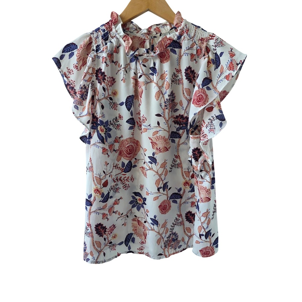 Joie Floral Chiffon Blouse Womens Large Boho Whimsical Smocked Ruffle Mock Neck